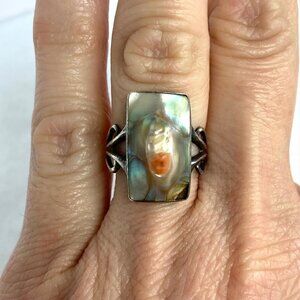 VTG Sterling Silver 925 Rectangular Blister Pearl Scrollwork Shank Ring Sz 5.25